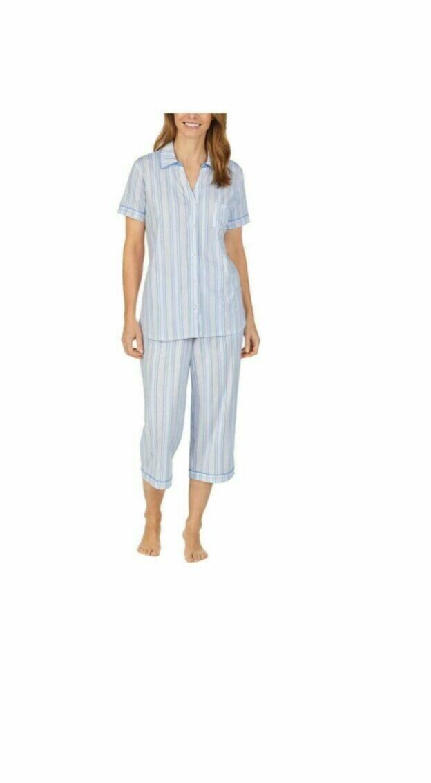 Nautica Women's 2-Piece Notch Collar Capri PJ Set, blue striped, Size Large